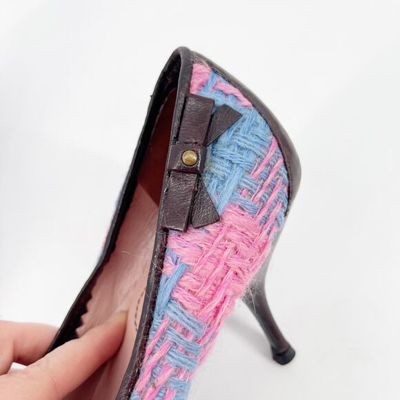 Vintage Miu Miu Pink Blue Woven Brown Leather Bow Detail Pointed Toe Heels IT 38 - Picture 8 of 11